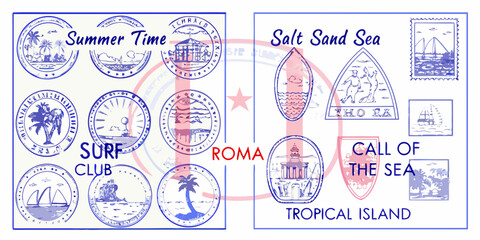 Vintage travel postmarks and stamps collection of summer themed designs © Ajay