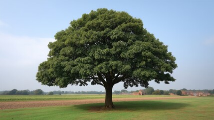 Fototapeta premium Lush Green Tree Spreading Its Branches on a Clear Day with Blue Sky and Field in the Background, Capturing Nature's Tranquility and Beauty