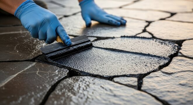 Professional applying black sealant to stone patio pavers for durable outdoor hardscape protection