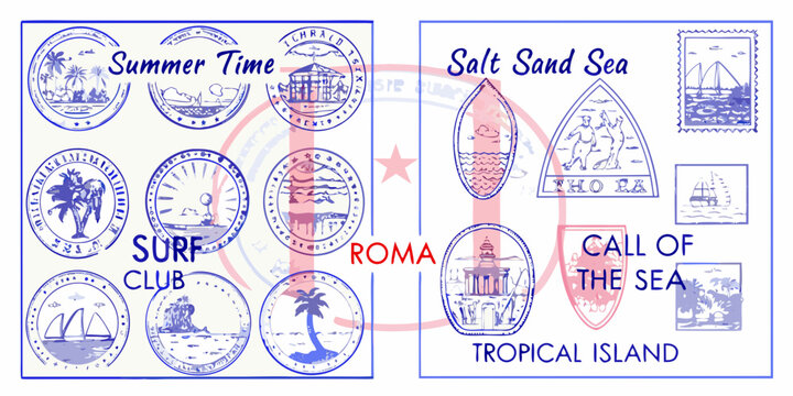 Vintage travel postmarks and stamps collection of summer themed designs