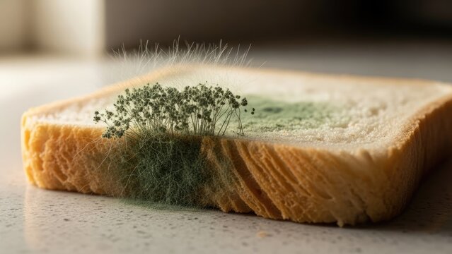 Slice of white bread with visible mold, showing green and fuzzy growth