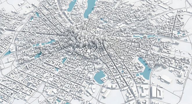Abstract white isometric city map 3D rendering with architecture isometric infrastructure planning development building neighborhood residential illustration abstract business