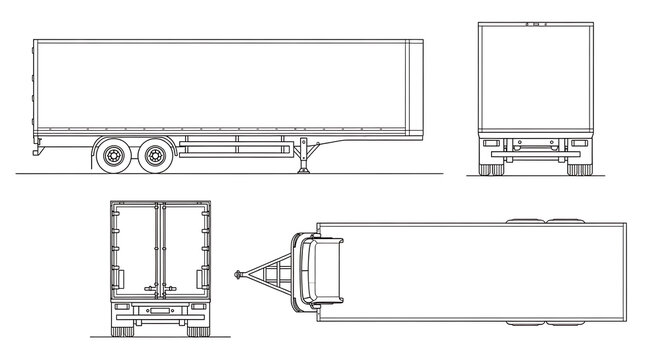 Vector Outline Illustration of Commercial Semi Truck Trailer for Logistics and Cargo Transport, Featuring Multiple Viewing Perspectives Including Side, Front, and Rear Elevation Profiles.