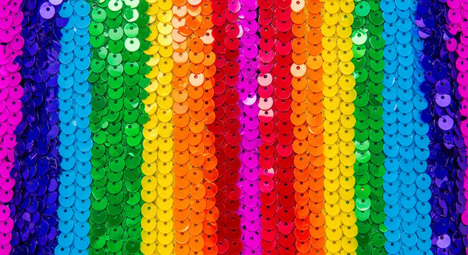 Rows of vibrant, colorful sequins create a dazzling rainbow effect, symbolizing celebration, joy, and festive occasions perfect for party or design concepts
