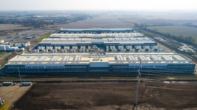 Construction of massive data center server farm aerial view in Ohio