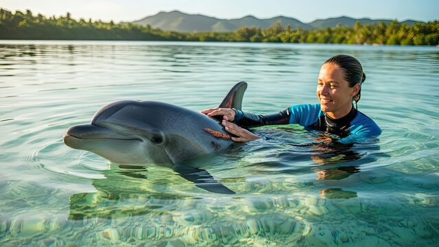 Woman swimming with dolphin in clear tropical water, interaction and friendship