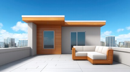 Obraz premium Modern rooftop terrace with stylish outdoor seating and panoramic city view on a clear sunny day under blue sky and fluffy clouds
