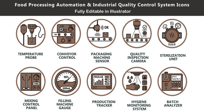 Food processing automation vector icons set, top view quality control system, conveyor, packaging, sterilization, inspection camera, batch tracking CAD