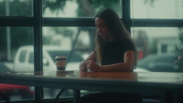 Serene Female Writer Lost In Her Thoughts. Calm Woman Seated At Cafe Window Reflecting Peacefully