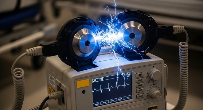 Defibrillator machine with electric shock.
