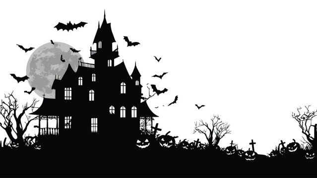 Spooky haunted castle silhouette with a full moon and flying bats at night