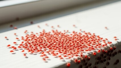 Fototapeta premium Tiny red insects swarm on a windowsill, illuminated by sunlight creating shadows