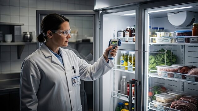 Scientist using infrared thermometer to check temperature of food in commercial refrigerator