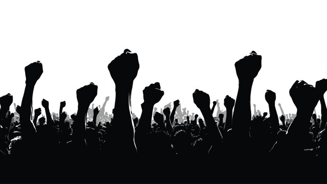 Silhouetted crowd raising fists in a display of solidarity and protest