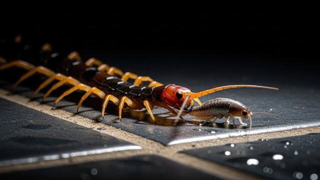 Macro shot of a large centipede devouring a smaller insect on a dark, tiled surface