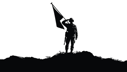 Obraz premium Silhouette of a soldier saluting with a flag on a hilltop
