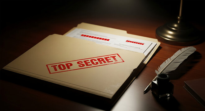 Confidential manila folder labeled with red top secret rubber stamp ink placed on aged mahogany desk under mysterious spotlight symbolizing classified intelligence and sensitive private information.