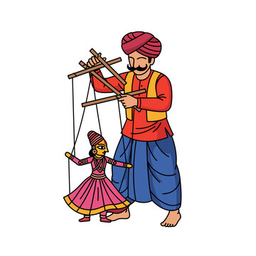 Indian kathputli puppeteer with traditional puppet strings, vibrant ethnic folk performance, cultural heritage storytelling