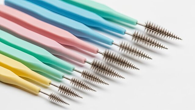 Assorted colorful interdental brushes on a white surface, angled and arranged
