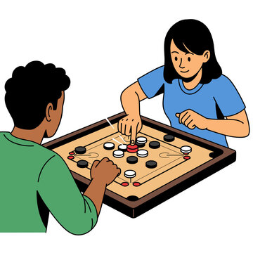 two young friends playing carrom board game, indoor tabletop recreation, competition and leisure, fun social activity illustration