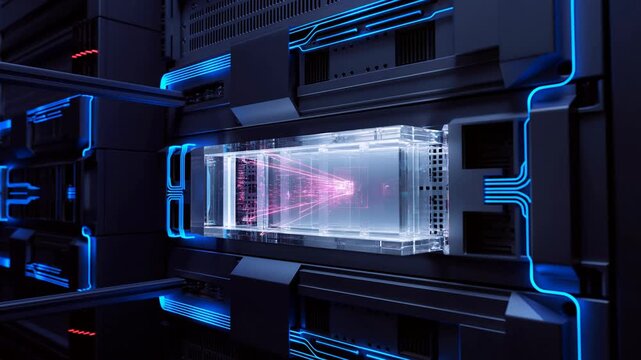 Futuristic data processing scene with vibrant blue light patterns illuminating a transparent data container filled with floating particles