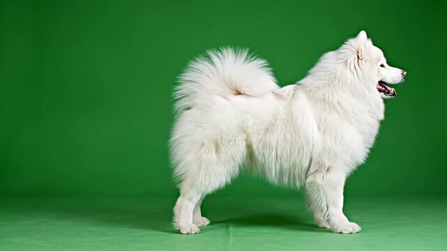 Playful Samoyed Dog Strolling Cheerfully on Green Background with Joyful Expression