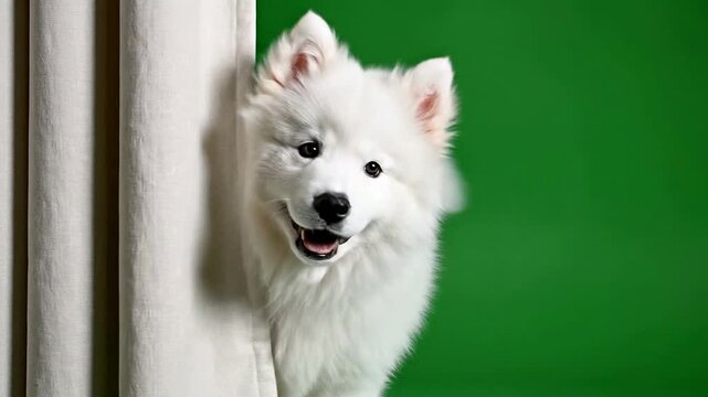 Playful Samoyed Dog Peeking Out From Behind Soft Curtain with Green Background in Modern Studio Setting