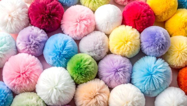 Fluffy, round, colorful pom-poms in a variety of bright hues
