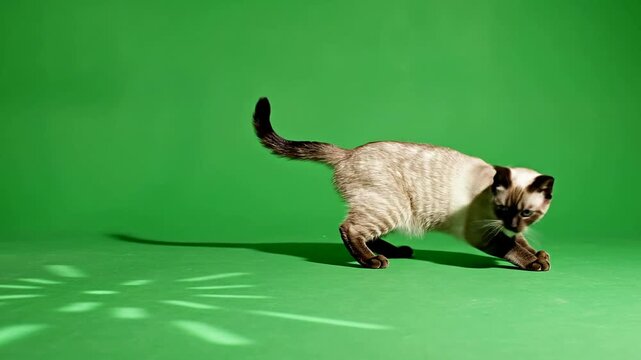 Playful Siamese Cat Exploring Shadows on a Bright Green Screen Background in a Room