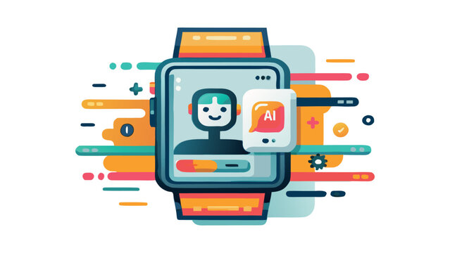Ai chatting on smartwatch screen with virtual assistant character for digital wearable technology concept vector illustration showing mobile app interface on device