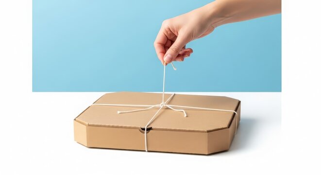 Hand securing a pizza box with twine, illustrating secure food packaging and delivery preparation