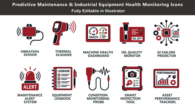 Predictive maintenance vector icons set, top view industrial health monitoring system, vibration sensor, thermal scanner, AI failure predictor CAD