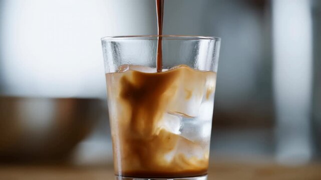 Smooth chocolate syrup being poured over ice cubes in a transparent glass, creating visually appealing swirls and patterns