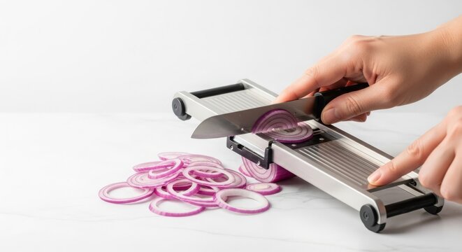 Hand slicing a red onion with a mandoline slicer creating thin, uniform rings on a kitchen counter