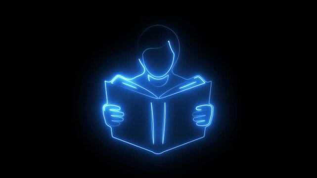 Neon reading person icon glowing blue human holding book on dark background education design.