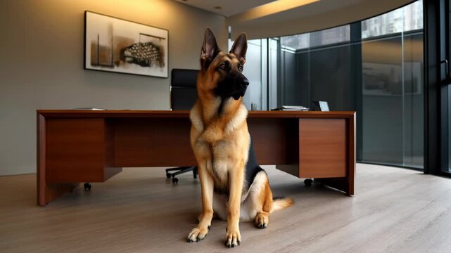 A regal canine sitting calmly in a modern office space, showcasing beautiful wood tones and large windows with natural light