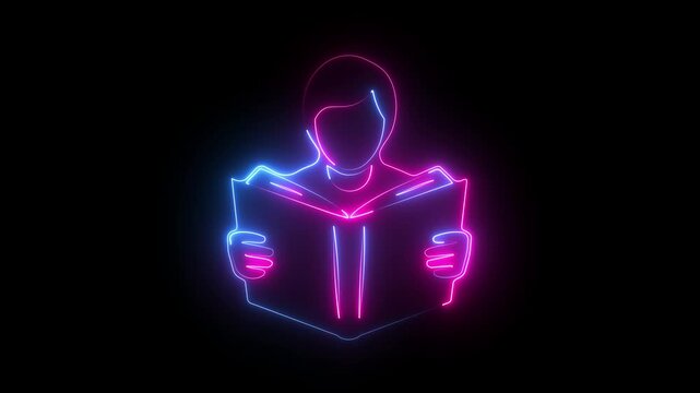 Neon reading person icon glowing pink and blue human holding book on dark background.