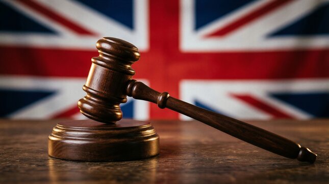 Polished wooden judge gavel rests on its sound block against a blurred United Kingdom flag background symbolizing law, order, and British justice concepts.