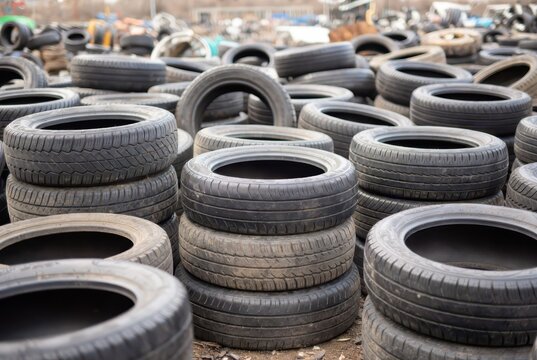 Stacked pile of used car tires at a junkyard, recycling, automotive, scrap, waste, disposal