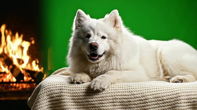 White Samoyed Dog Relaxing on a Soft Blanket by a Cozy Fireplace with a Green Background