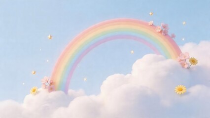 Naklejka premium Rainbow in sky with clouds flowers and stars