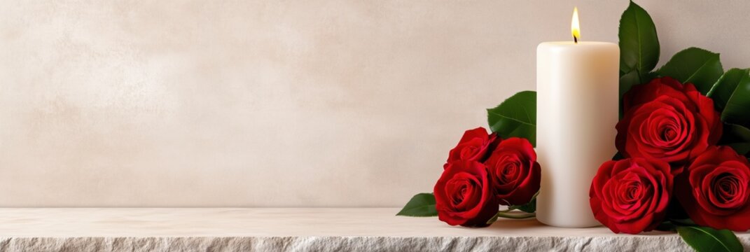 Memorial banner with candle and red roses on neutral background, remembrance and mourning concept, sympathy and condolence design with copy space
