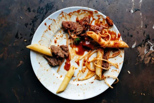 Messy plate of leftover pasta with meat sauce and scattered food debris on dark surface