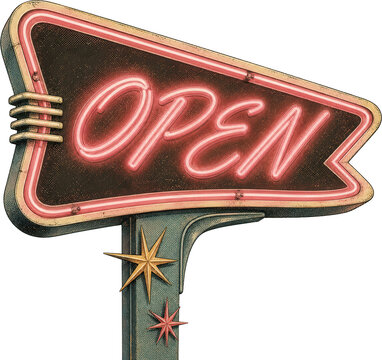 Retro Neon OPEN Sign with Starbursts - Vintage Diner Style