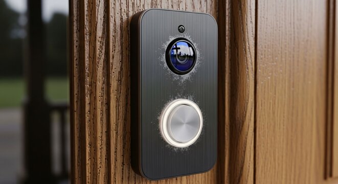 Modern smart video doorbell with camera and illuminated button on a wooden door, symbolizing enhanced home security and convenient smart entry technology