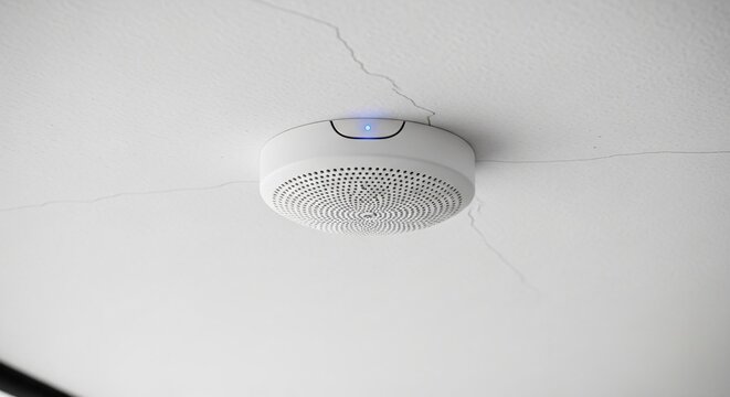 Ceiling smoke detector with blue indicator light mounted on a cracked ceiling