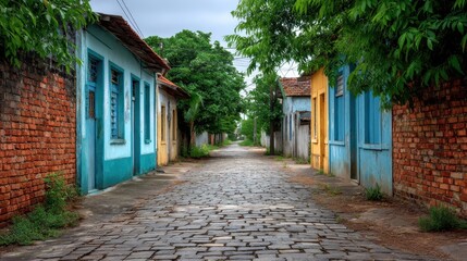 Obraz premium Serene cobblestone street lined with colorful houses and lush greenery in a quaint village setting, perfect for photography and travel enthusiasts