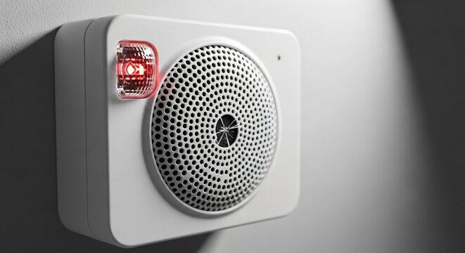 Contemporary white wall-mounted security device featuring a prominent circular speaker grille and a blinking red indicator light, signaling an alert or warning within a modern indoor environment