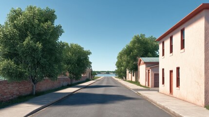Obraz premium Serene Residential Street with Bright Sunlight and Lush Green Trees Near Calm Water in Tranquil Countryside Setting