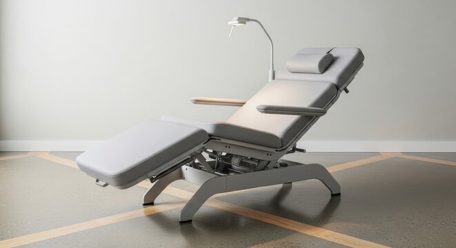Adjustable grey medical examination and treatment lounger with integrated lamp and armrests